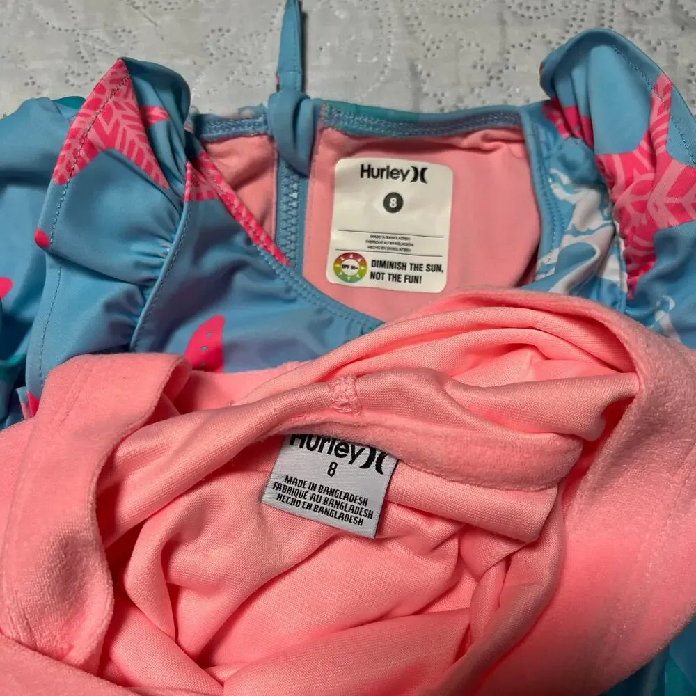 Hurley Rash Guard Swim Suit and Terry Coverup Dress Size 8